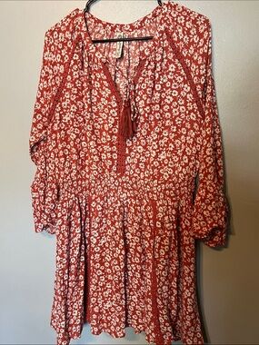 Red Floral Tassel Tie Smocked Waist Dress